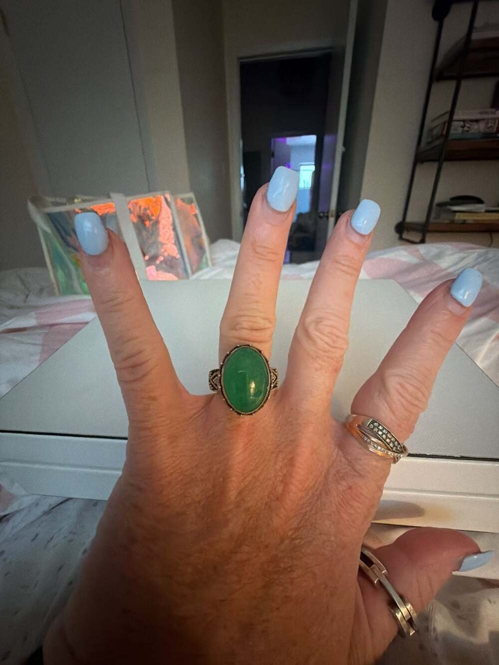 Vintage Art Deco Style Sterling Silver Oval Green Jadeite Statement Ring stamped